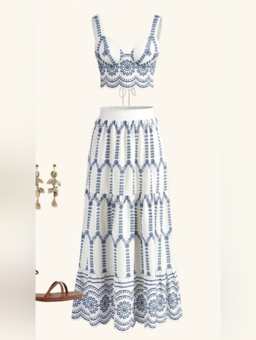 Commense White and Blue Embroidered Maxi Skirt